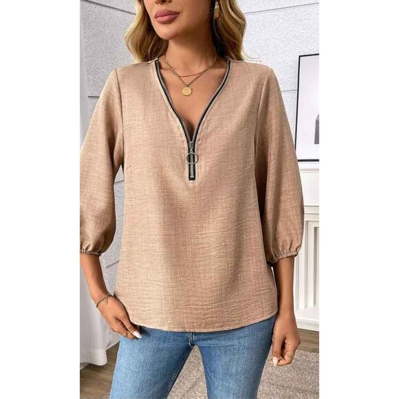 EUC  "Zip Into Chic Beige Blouse" Large - Picture 1 of 2